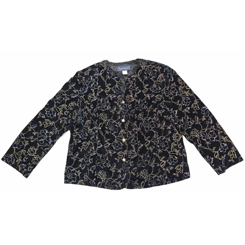 VTG 90s Maggie McNaughton Black Velvet Jacket 18W Plus Gold Silver Floral Holida